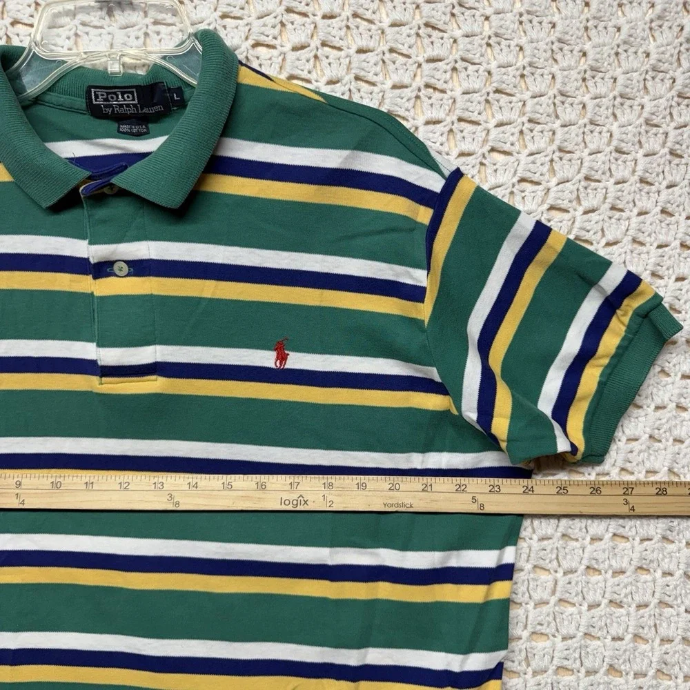 Polo Ralph Lauren Shirt Men L Green Blue White Stripe Red Pony Polo Vtg USA Made